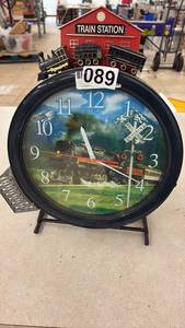 lot 89 image: Train Station Theme Tabletop Clock with Locomotive Decoration