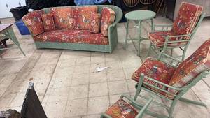lot 93 image: Vintage Wicker Furniture Set with Floral Cushions Sofa Table Chairs and Rockers