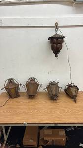 lot 104 image: Set of 5 Vintage Wrought Iron Outdoor Lights with Amber Glass Panels