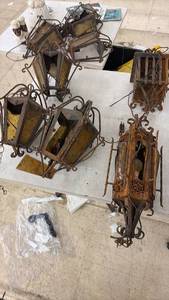 lot 105 image: Set of 6 Antique Wrought Iron Glass Lights with Yellow Panels
