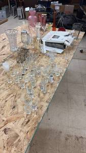 lot 109 image: Collection of Assorted Shot Glasses, Vases, and Daltile Glass Mosaic Tile