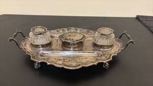 lot 449 image: Antique Silver Inkstand with Cut Glass Inkwells