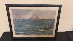 lot 451 image: Framed Sinking of the Bismarck Print by Wilfrid Dawson 1943