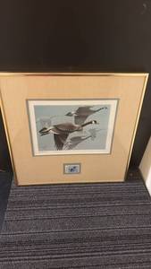 lot 470 image: Framed Goose Print Artwork with Stamp and Double Mat