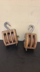 lot 481 image: Pair of Vintage Wooden Pulley Blocks with Metal Hooks