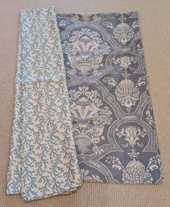 lot 85 image: LL - Pair of Custom Tablecloths with Blue and Cream Patterns, Fits 9 x 4 ft Table