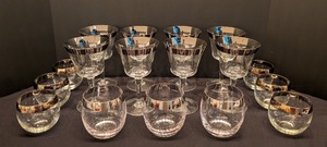 lot 97 image: LL - Assorted Vintage Silver Rimmed Glassware Set with Paint Wear, 15 Pieces