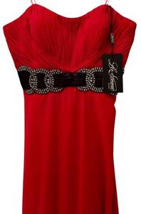 lot 72H image: LL - La Femme Red Pleated Gown with Rhinestone Waist Detail Size 8