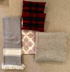 lot 123H image: LL - Home Textiles Set 2 Pottery Barn Plaid Pillows, Brahms Mount Throw, Swans Island Gray Blanket, Jon Robshaw Cover