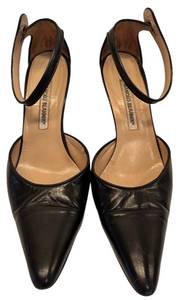 lot 178H image: LL - Manolo Blahnik Black Leather DOrsay Pumps with Ankle Strap, Size 30.5