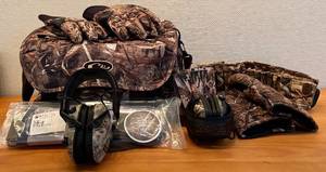 lot 214H image: LL - Hunting Gear Set with Camo Bag, Gloves, Ear Protection, Slings, and Accessories