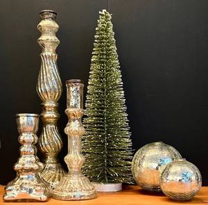 lot 219H image: LL - Christmas Decor Set with Mercury Glass Candle Holders, Tabletop Tree, and Silver Orbs