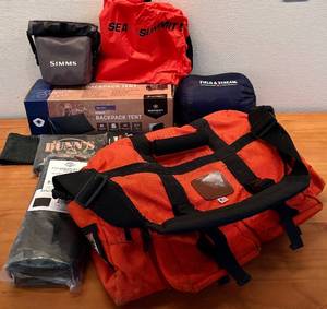 lot 223H image: LL - Hunting Gear Lot Simms Bag, Field & Stream Sleeping Bag, Aqua Quest Tarp, Backpack Tent, and Accessories