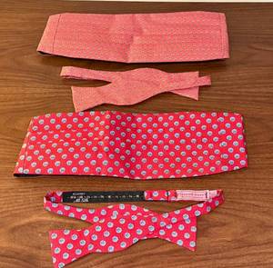 lot 62D image: Vineyard Vines Silk Cummerbund and Bow Tie Set with Palm Tree and Seashell Designs