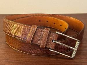 lot 66D image: Mens Lizard Embossed Brown Leather Belt with Silver Buckle