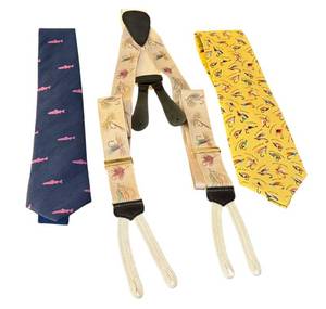 lot 81D image: Mens Assortment Seaward & Stearn Fish Tie, Alynn Name That Fly Tie, Trafalgar Fly Fishing Suspenders