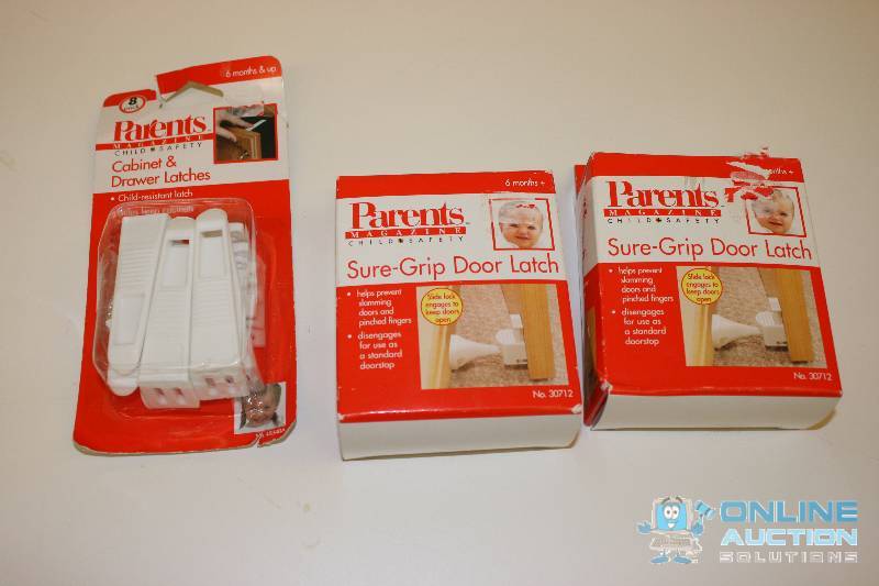 lot 204 image: Lot of (3) Safety Locks Door Latches (2) Drawer Latch (1).