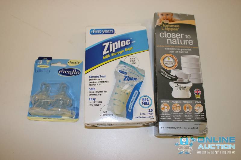 lot 215 image: Lot of (3) Including Ziploc Milk Storage Bags Tommee Tippee Cups Even Flow Nipples.