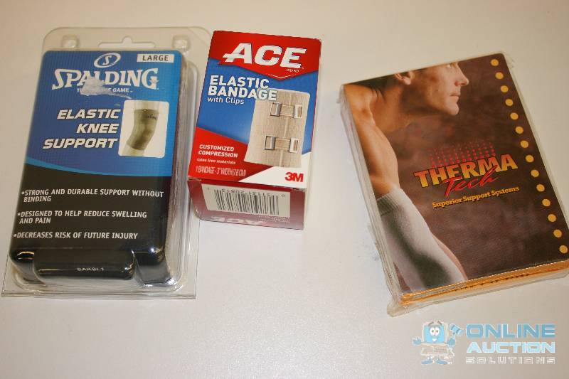lot 236 image: Lot of (3) Spalding Elastic Knee Support Ace Elastic Bandage wClips Therma Tech Support Systems.