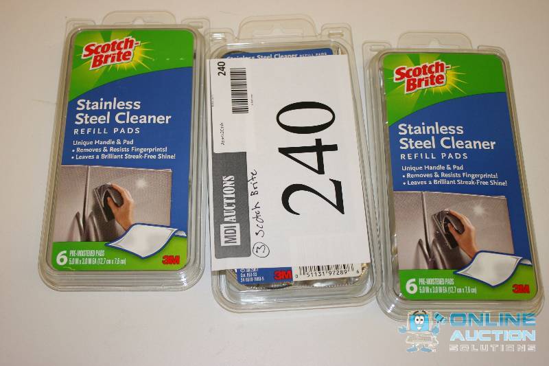 lot 240 image: Lot of (3) Scotch-Brite Stainless Steel Cleaner Pads Unique Handle & pad Removes & Resists Fingerprints.