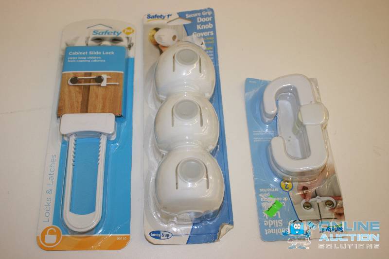 lot 279 image: Lot of (3) Safety 1st Including Cabinet Slide Lock Door Knob Covers Cabinet Slide Lock.