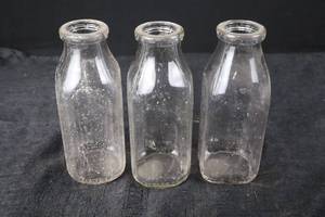 lot 386 image: Glass Bottles - Clear, Vintage Milk or Medicine Bottles, Set of 3