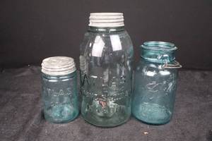 lot 395 image: Antique Mason Jars Set - Atlas Strong Shoulder Mason & Ball Ideal Patent 1908