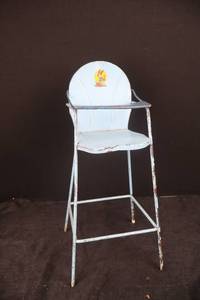 lot 400 image: Vintage Metal High Chair - Light Blue with Bunny Graphic