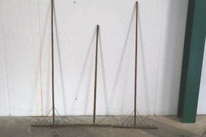 lot 417 image: Farm Harrow Rake - Vintage Wood Handles, 3-Tine Bars