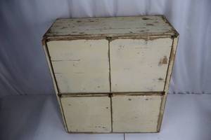 lot 428 image: Cabinet - Distressed Cream Finish Wood, 4-Panel Front (Two Doors & Two Drawers)