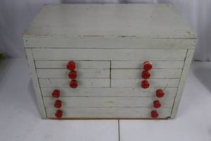 lot 435 image: Jewelry Box Cabinet - White Painted Wood with Red Knobs
