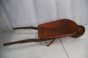 lot 439 image: Wheelbarrow - Vintage Metal, Orange-Painted, Single Wheel