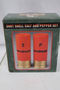 lot 451 image: Shot Shell Salt & Pepper Set - Magnum (Red Ceramic Shakers)