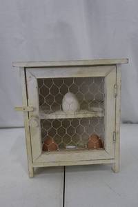 lot 456 image: Miniature Chicken-Egg Cabinet - White Wood With Chicken Wire Door