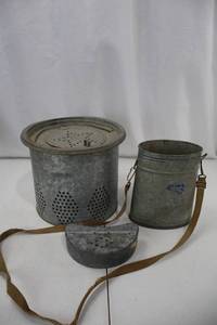 lot 460 image: Mess Kit Canteen Set - Galvanized Tin with Strap & Perforated Sides