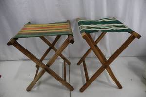 lot 471 image: Folding Stools - Wooden Frames with Striped Fabric Seats