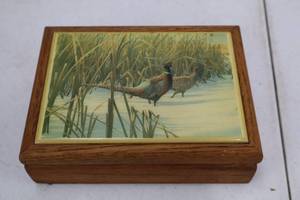 lot 474 image: Wooden Keepsake Box - Pheasants Forever Habitat Print Long Shadows Gary Moss