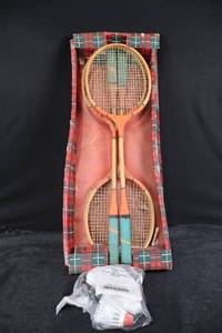 lot 35 image: Badminton Rackets - Vintage Wood Frame Pair in Plaid Box