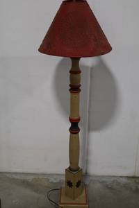 lot 152 image: Floor Lamp - Vintage Painted Wood with Star Base & Red Shade