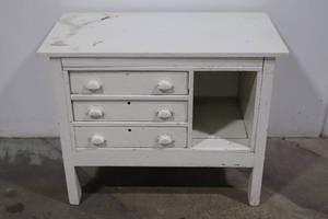lot 153 image: Wood Cabinet - White Painted, 3-Drawer  Open Shelf