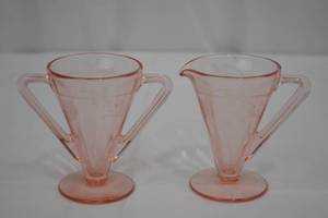 lot 100 image: Creamer & Sugar Set - Vintage Pink Depression Glass, Etched Floral