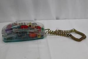 lot 179 image: Clear Plastic Telephone Handset with Turquoise Keypad - Vintage Corded Phone