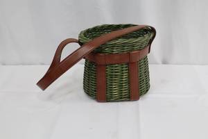 lot 181 image: Green Wicker Basket Bag with Brown Leather Straps