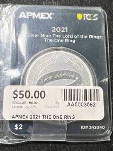 lot 23 image: 1 TROY OZ .999 FINE SILVER 2021 LORD OF THE RINGS ROUND