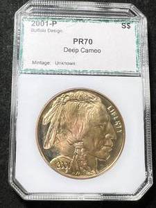 lot 38 image: 1 TROY OZ .999 FINE SILVER BUFFALO INDIAN ROUND SLABBED PR70