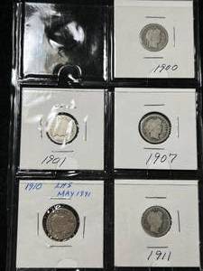 lot 63 image: GROUP OF 5 US BARBER DIMES