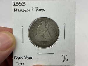 lot 26 image: 1853 Arrows & Rays Seated Silver Quarter