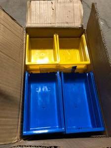 lot 7 image: Triton Products 4-18 in. W Storage Bin in Yellow and Blue (26-Piece) Customer Returns See Pictures
