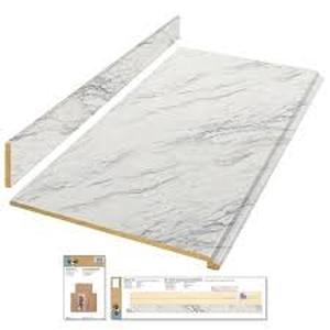 lot 57 image: Hampton Bay 8 ft Straight Laminate Countertop Kit Included in Gloss Calcutta Marble with Full Wrap Ogee Edge & Backsplash customer return see pictures
