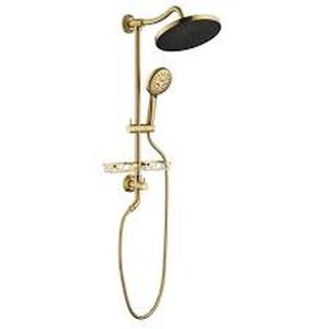 lot 11 image: 4-Spray Multifunction Deluxe Wall Shower System with Adjustable Slide Bar and Soap Dish in Gold Customer Returns See Pictures